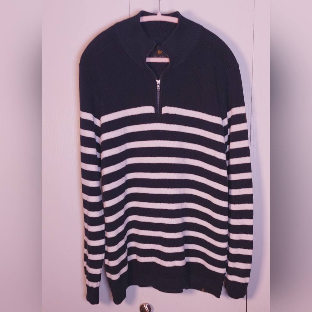 Ravott Men's Navy White Stripes Quarter Zip Size XXL Long Sleeve Sweater Cotton